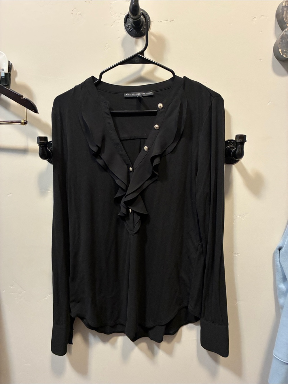 White House Black Market Black Ruffle V-Neck Blouse with Button Accents Size M